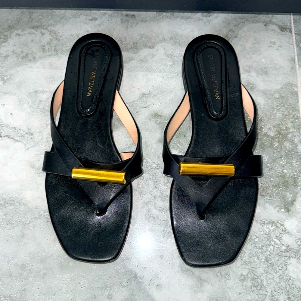 Stuart Weitzman Gold Bar Flat Leather Sandal